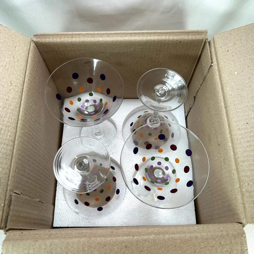 Retired Pampered Chef Set Of  4 Multicolored Polka Dot Martini Glasses #2838 MIB